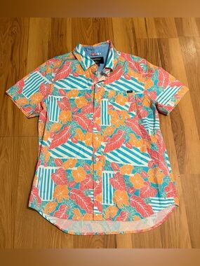 chubbies Tropical Floral Stripe Button-Up Shirt in Teal, Coral & Orange